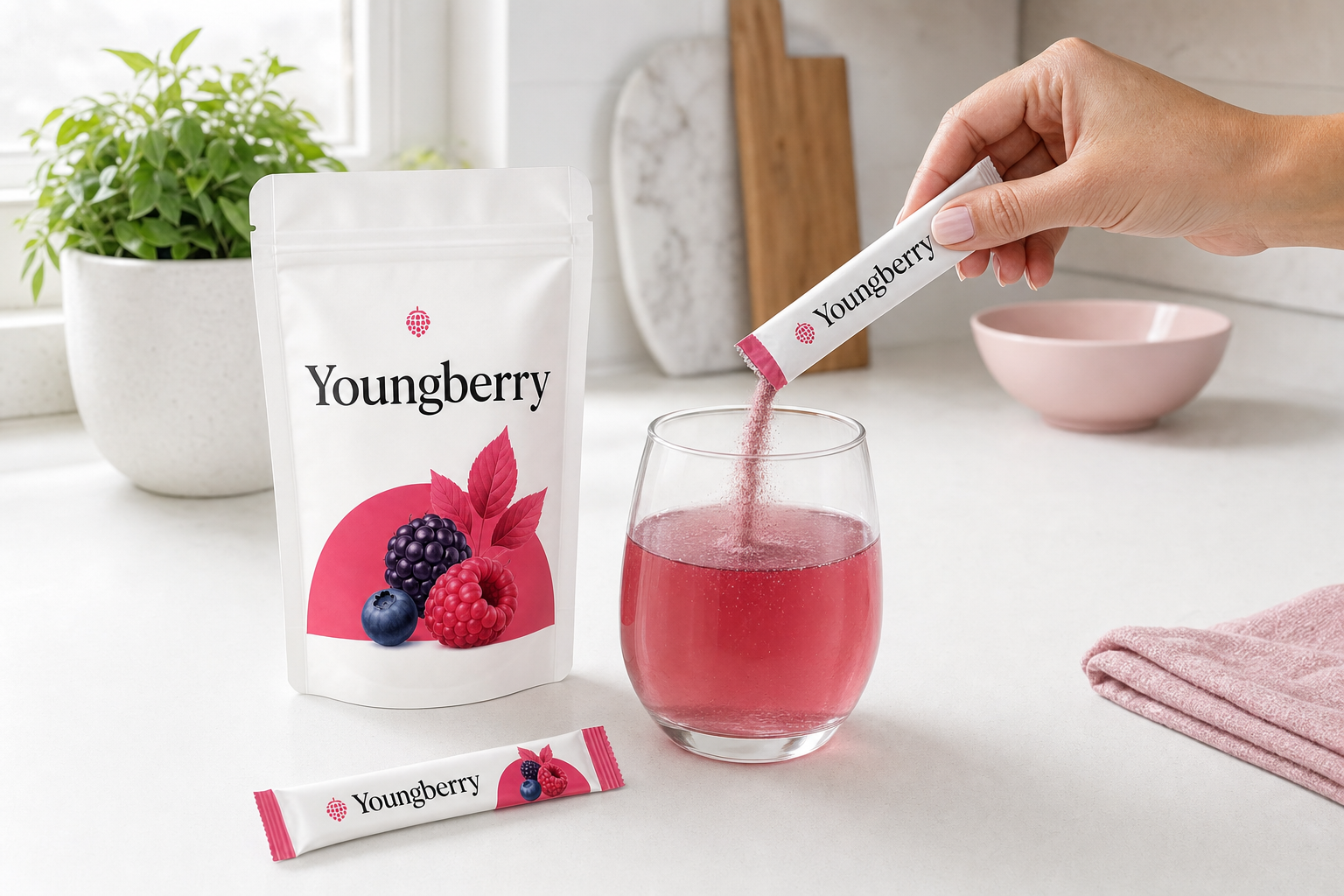 Youngberry drink stick mixed into berry water