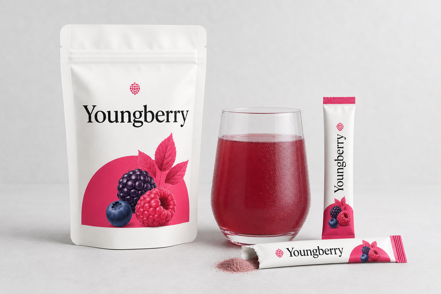 Youngberry Berry Original pouch, drink, and sticks